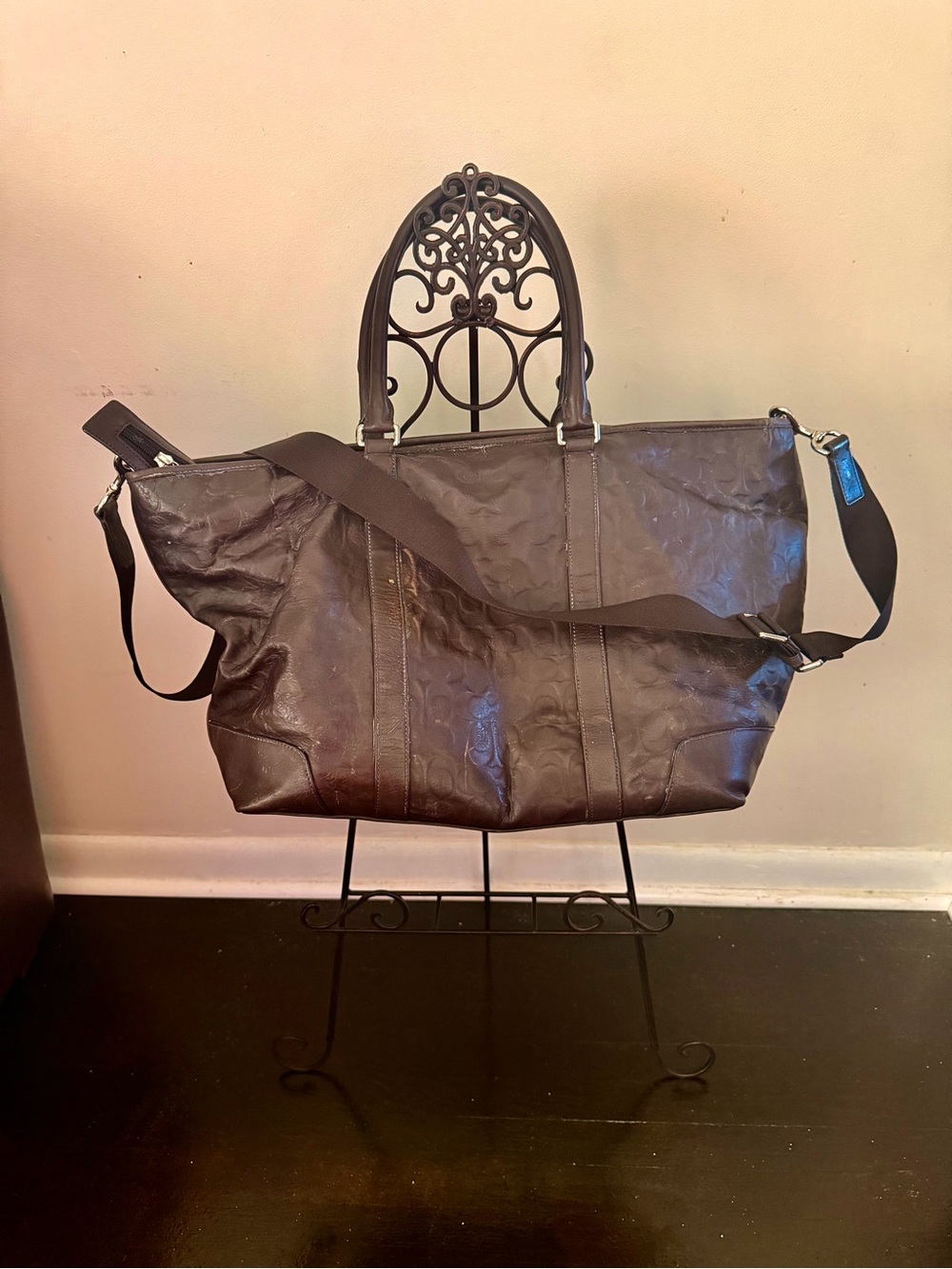 Coach Men's Brown Leather Duffel Bag with Shoulder Strap